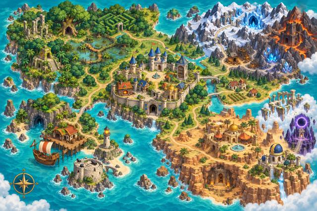 Illustrated Knight Quest world map: a pirate coast, forest, central kingdom, snowy mountains and a desert realm, surrounded by sea